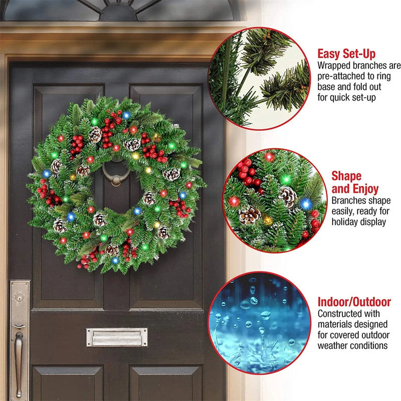 Pre-Lit Christmas Wreath with LED Lights 50cm Festive Door Decoration