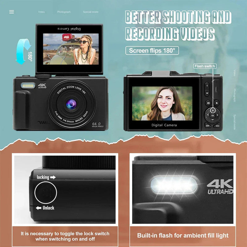 4K Digital Camera 64MP for Photography & Vlogging – Black