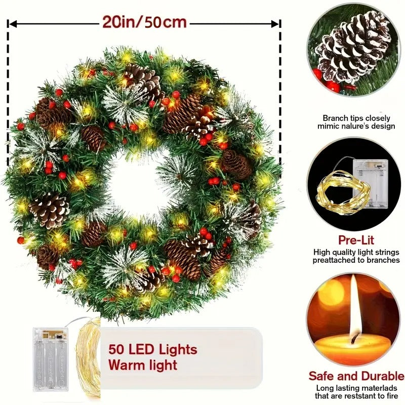 Pre-Lit Christmas Wreath with Pine Cones LED Light Decoration