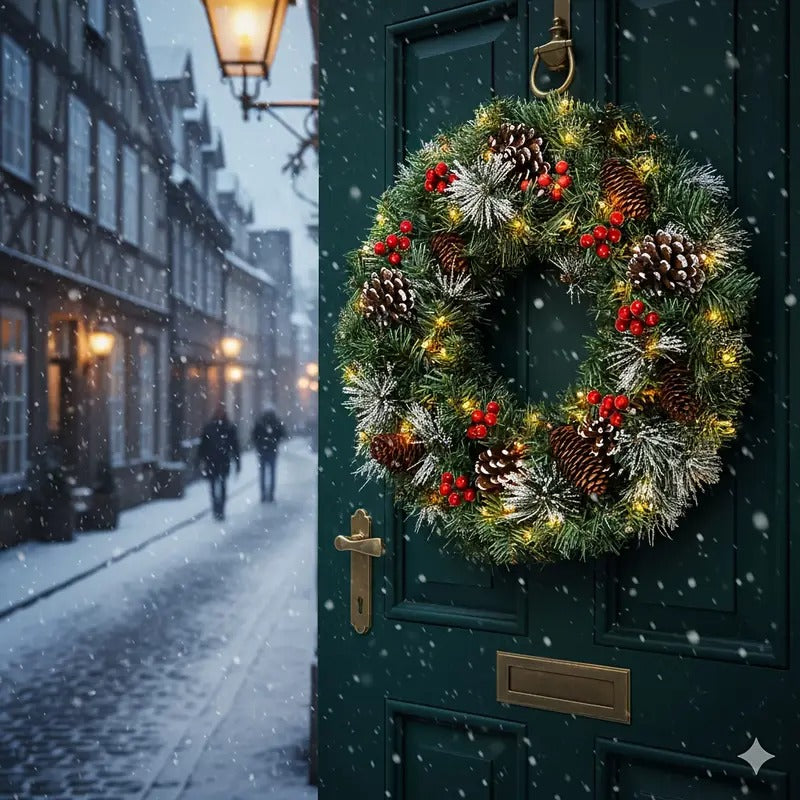 Pre-Lit Christmas Wreath with Pine Cones LED Light Decoration