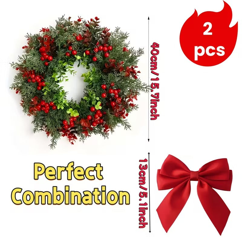 Artificial Christmas Wreath with Red Bow 2pcs Festive Door Decoration Set