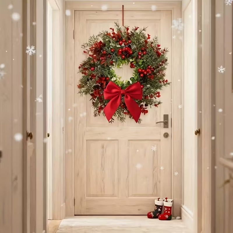 Artificial Christmas Wreath with Red Bow 2pcs Festive Door Decoration Set