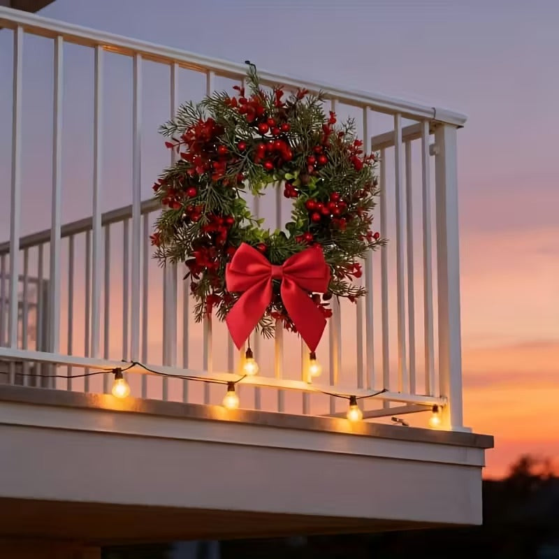 Artificial Christmas Wreath with Red Bow 2pcs Festive Door Decoration Set