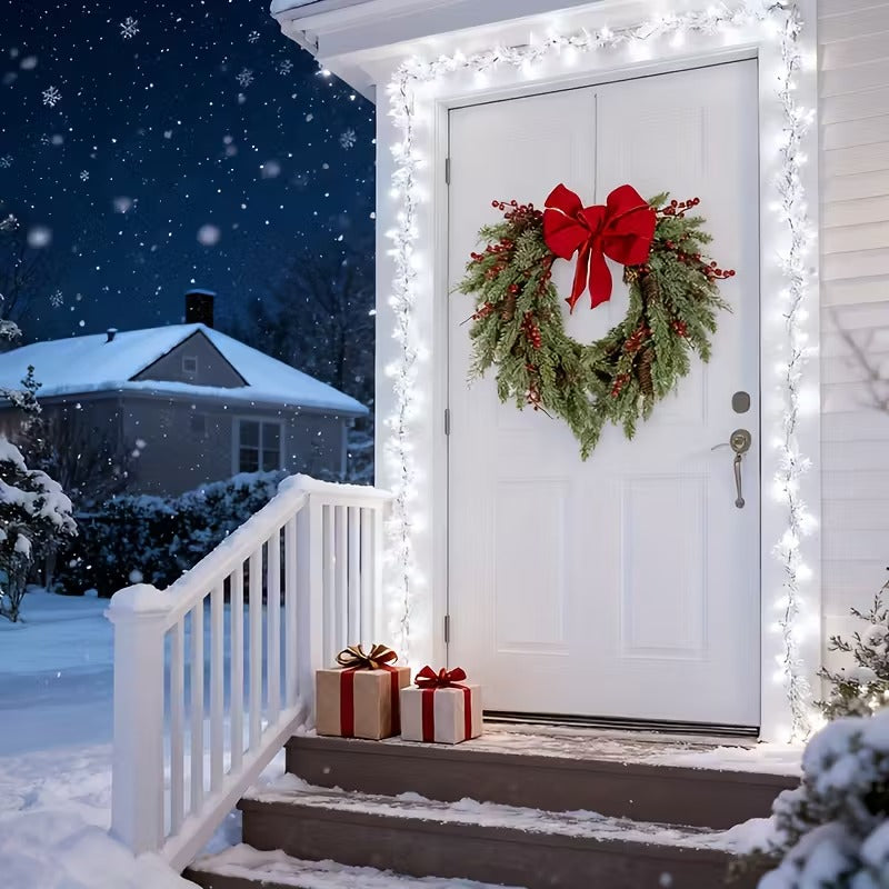 Christmas Pine Needle Wreath with Red Berries & Heart Bow