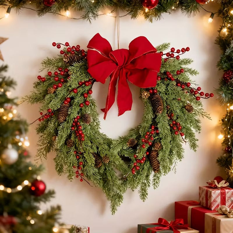 Christmas Pine Needle Wreath with Red Berries & Heart Bow