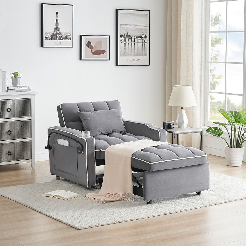 Single Sofa Bed with USB Ports & Phone Holder – Grey