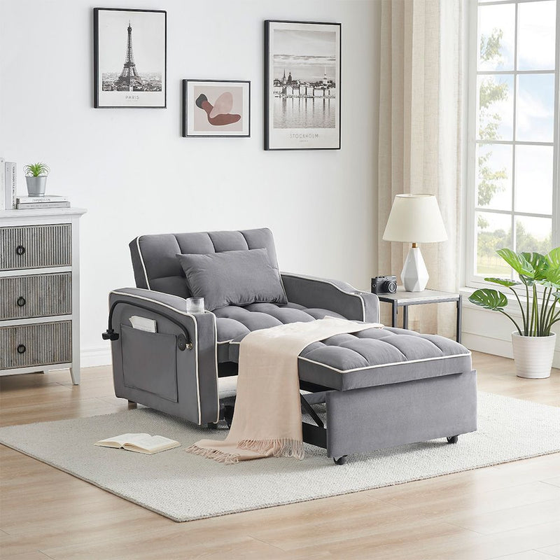 Single Sofa Bed with USB Ports & Phone Holder – Grey