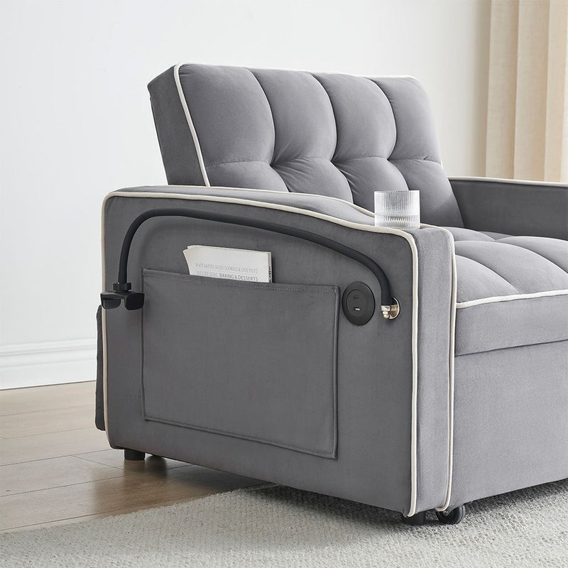 Single Sofa Bed with USB Ports & Phone Holder – Grey