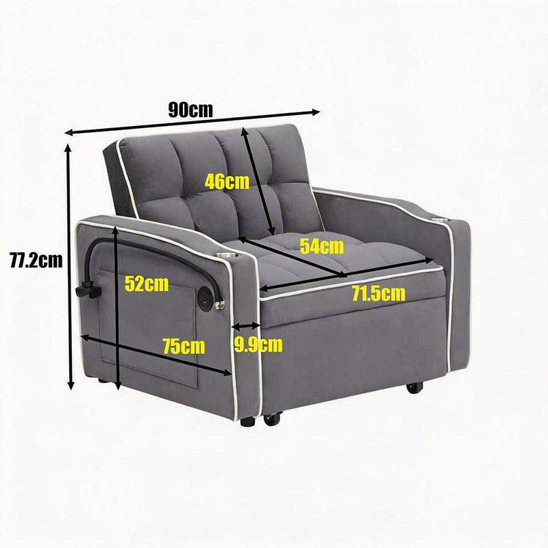 Single Sofa Bed with USB Ports & Phone Holder – Grey