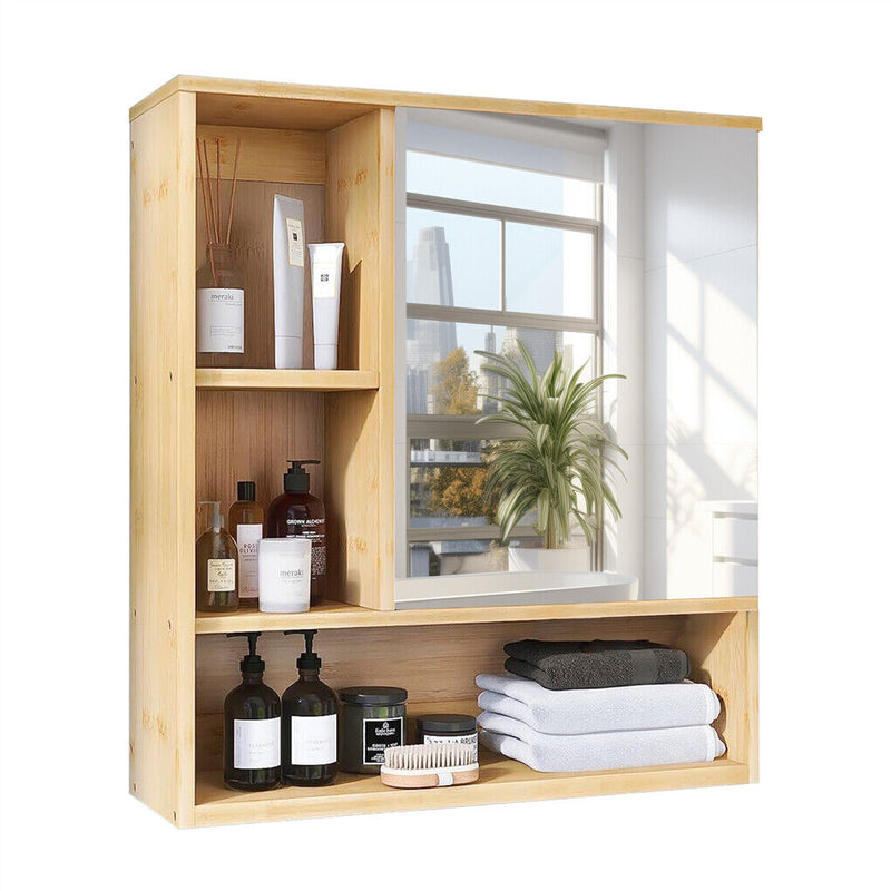 Bamboo Wall Cabinet Mirror 55.5cm – 5 Shelves