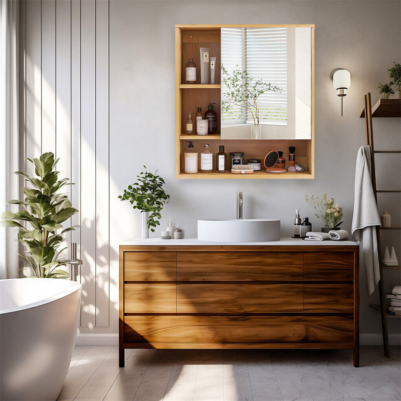 Bamboo Wall Cabinet Mirror 55.5cm – 5 Shelves