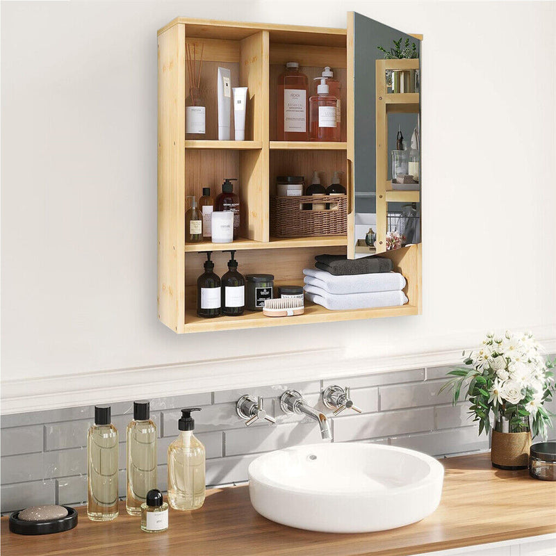 Bamboo Wall Cabinet Mirror 55.5cm – 5 Shelves