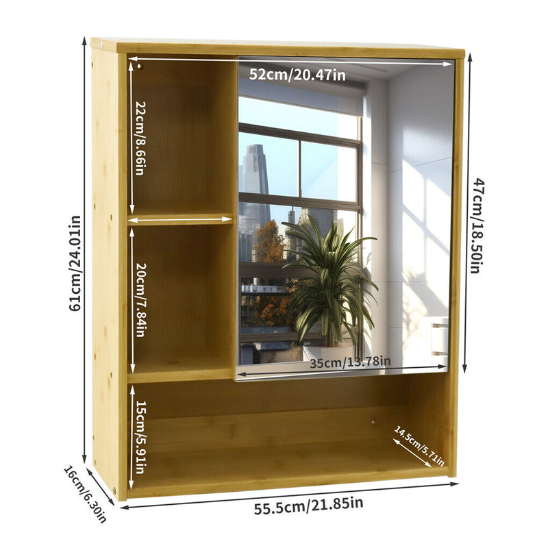 Bamboo Wall Cabinet Mirror 55.5cm – 5 Shelves