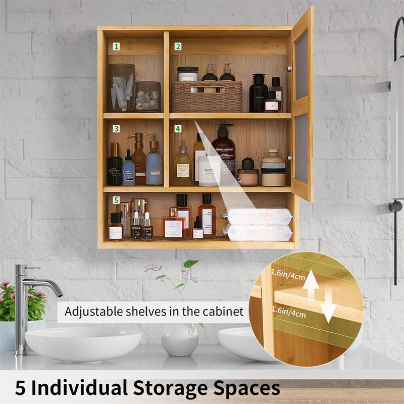 Bamboo Wall Cabinet Mirror 55.5cm – 5 Shelves