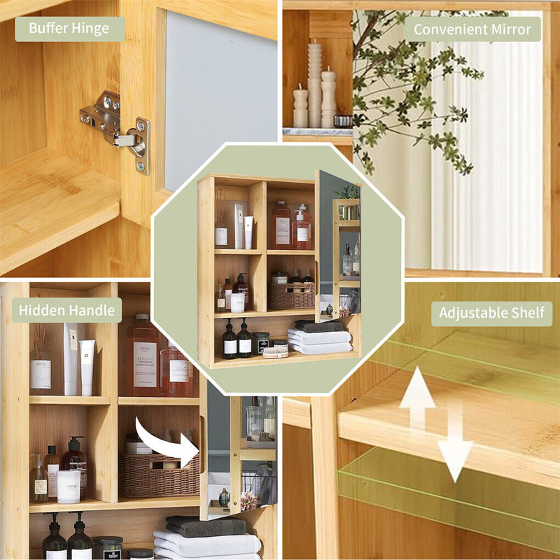 Bamboo Wall Cabinet Mirror 55.5cm – 5 Shelves