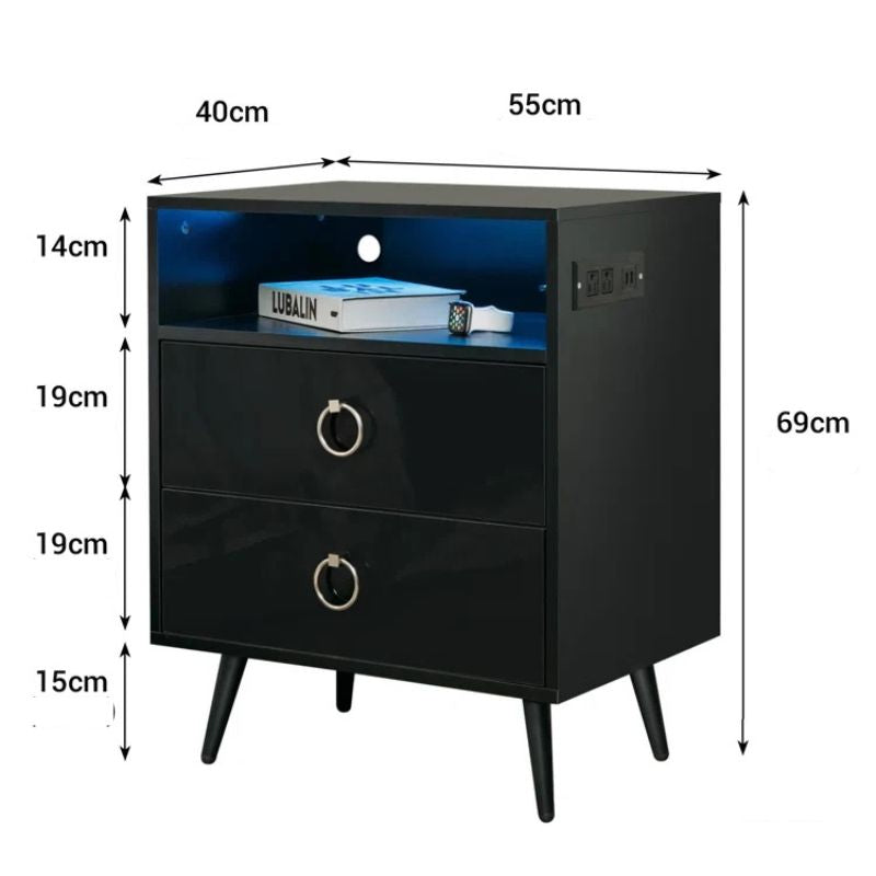 Amelia LED Bedside Table with USB & Power – Black