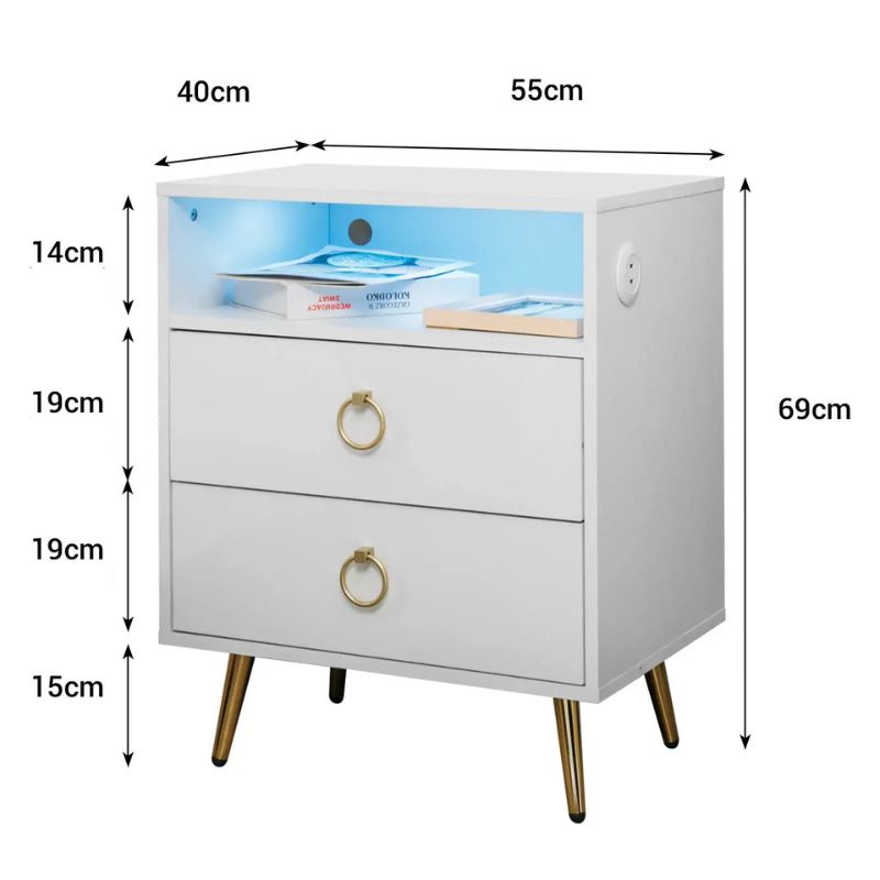 Amelia LED Bedside Table with USB & Power – White