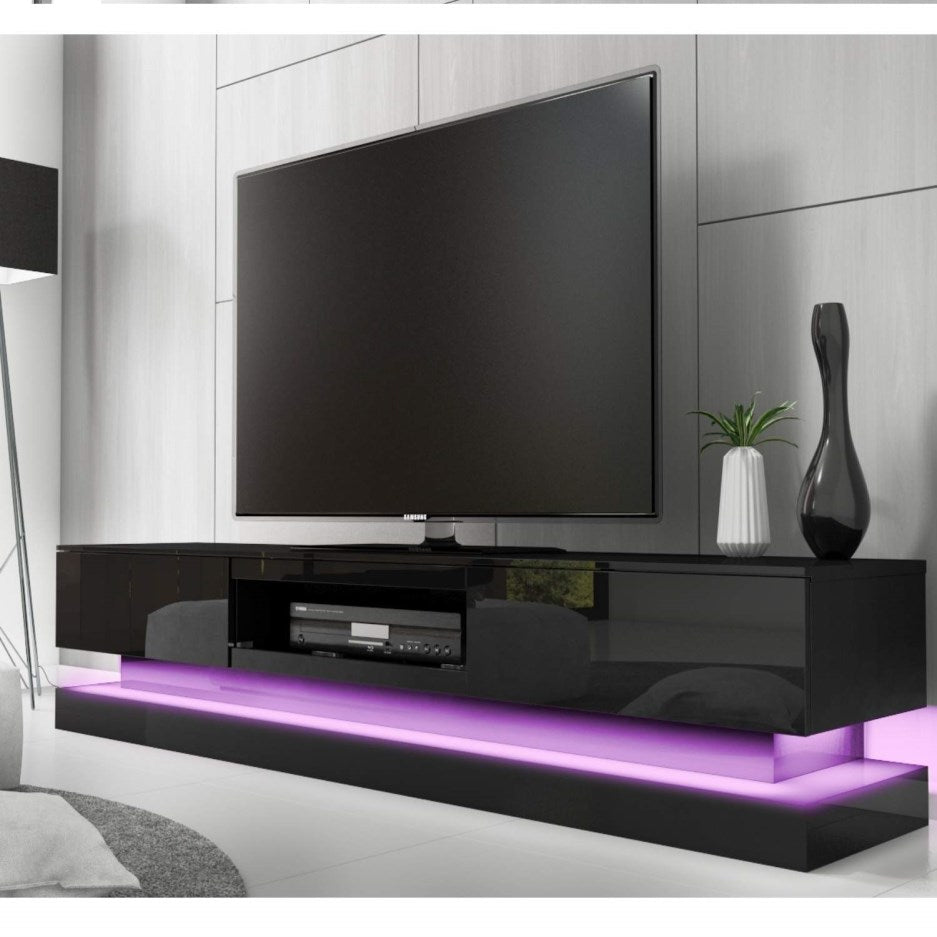 High Gloss RGB TV Entertainment Unit with Storage 220cm - Black