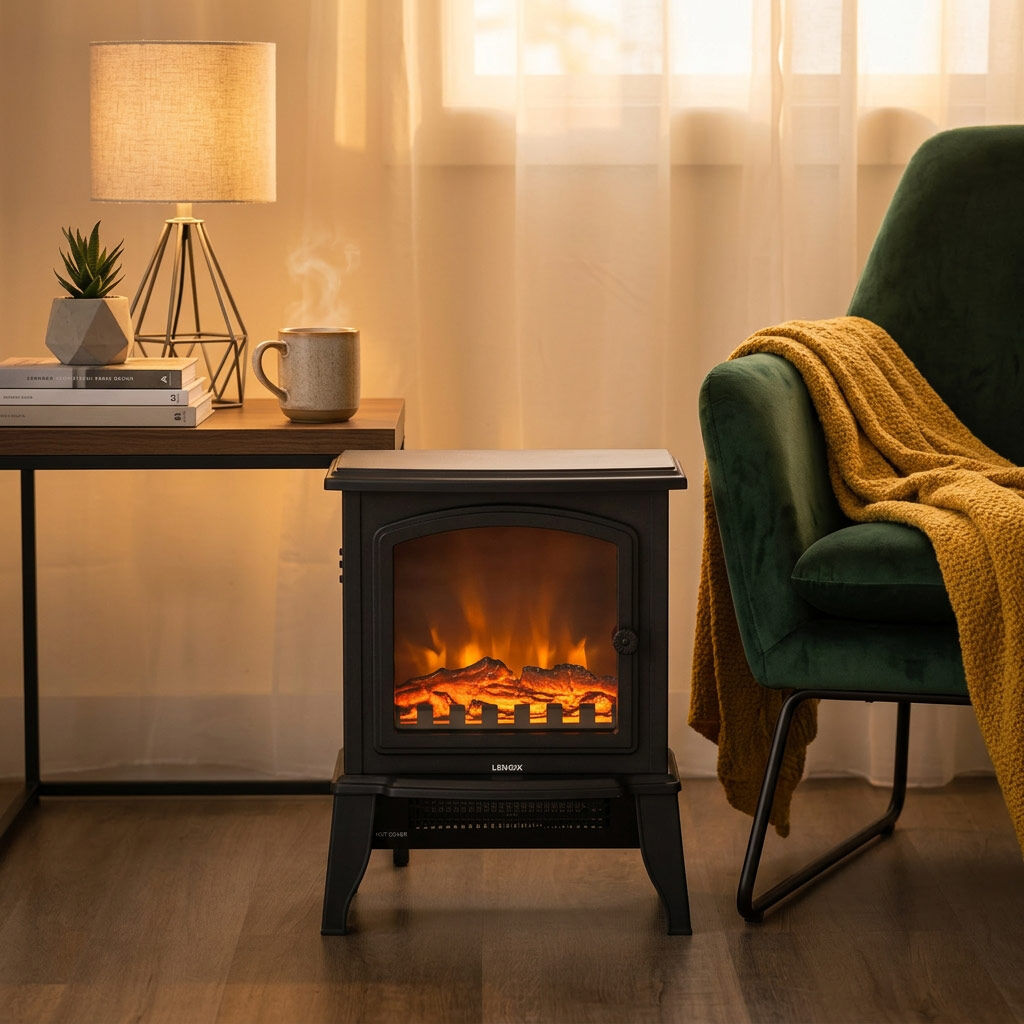 2kW Electric Fireplace Heater with Realistic Log Flame