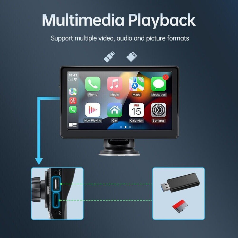 7" Portable Car Stereo Wireless Apple CarPlay Android Auto + Camera
