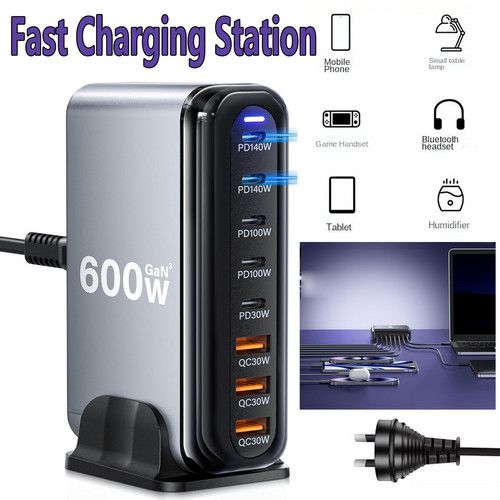 600W GaN³ 8-Port Fast Charging Station USB & Type-C