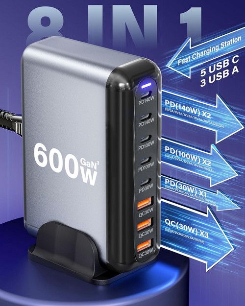 600W GaN³ 8-Port Fast Charging Station USB & Type-C