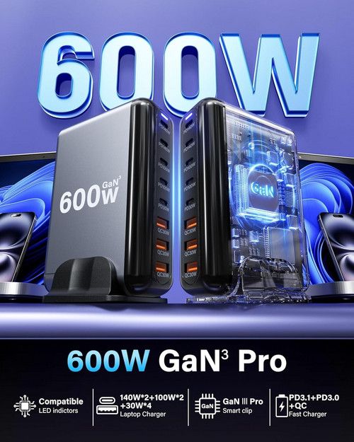 600W GaN³ 8-Port Fast Charging Station USB & Type-C