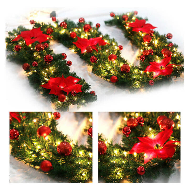 9FT Christmas Garland with LED Lights Red Artificial Holiday Decoration