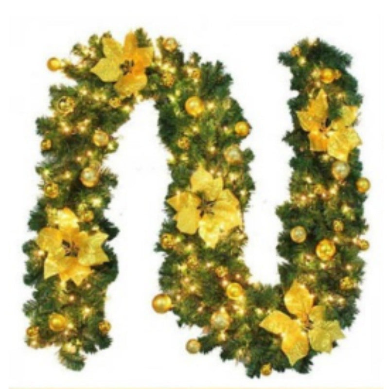 Gold 9FT Christmas Garland with LED Lights Artificial Festive Decoration