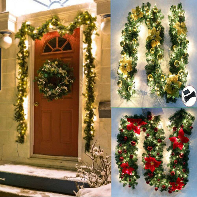 Gold 9FT Christmas Garland with LED Lights Artificial Festive Decoration