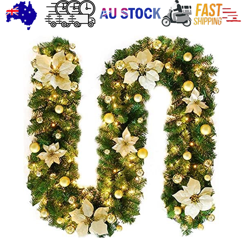2.7M Christmas Garland with Lights Rattan Artificial Garland Green for Indoor Home Fireplace Stair Gold