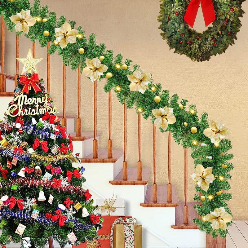 2.7M Christmas Garland with Lights Rattan Artificial Garland Green for Indoor Home Fireplace Stair Gold