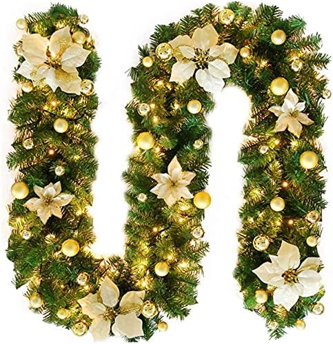 2.7M Christmas Garland with Lights Rattan Artificial Garland Green for Indoor Home Fireplace Stair Gold