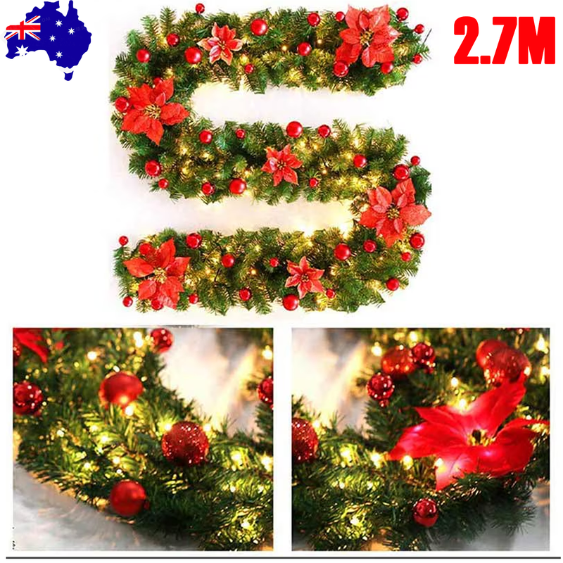 2.7M Christmas Garland with Lights Rattan Artificial Fireplace Wreath