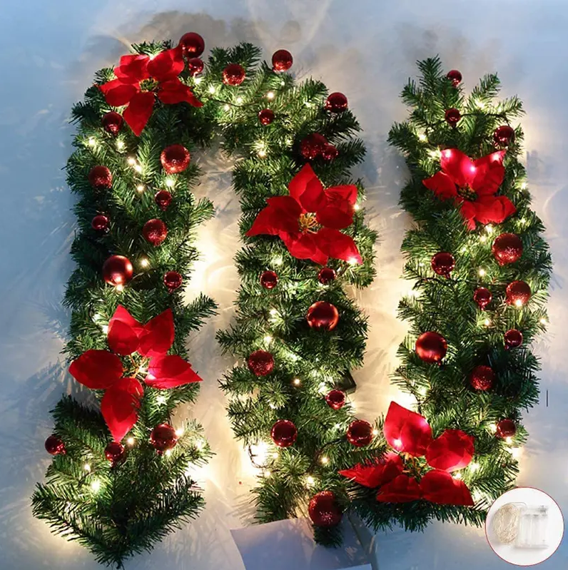 2.7M Christmas Garland with Lights Rattan Artificial Fireplace Wreath