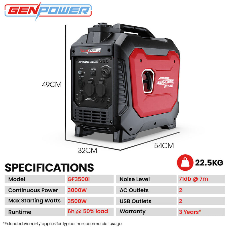 GENPOWER 3.5kW Peak 3kW Enclosed Inverter Generator