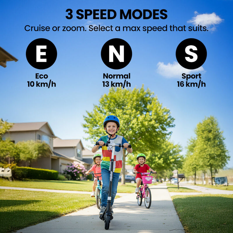 ALPHA Edge Electric Scooter Kids/Teens, 16km/h Max, Adjustable Height, UL Certified, AU Compliant, Dual Brakes, Bluetooth Music, LED, Black