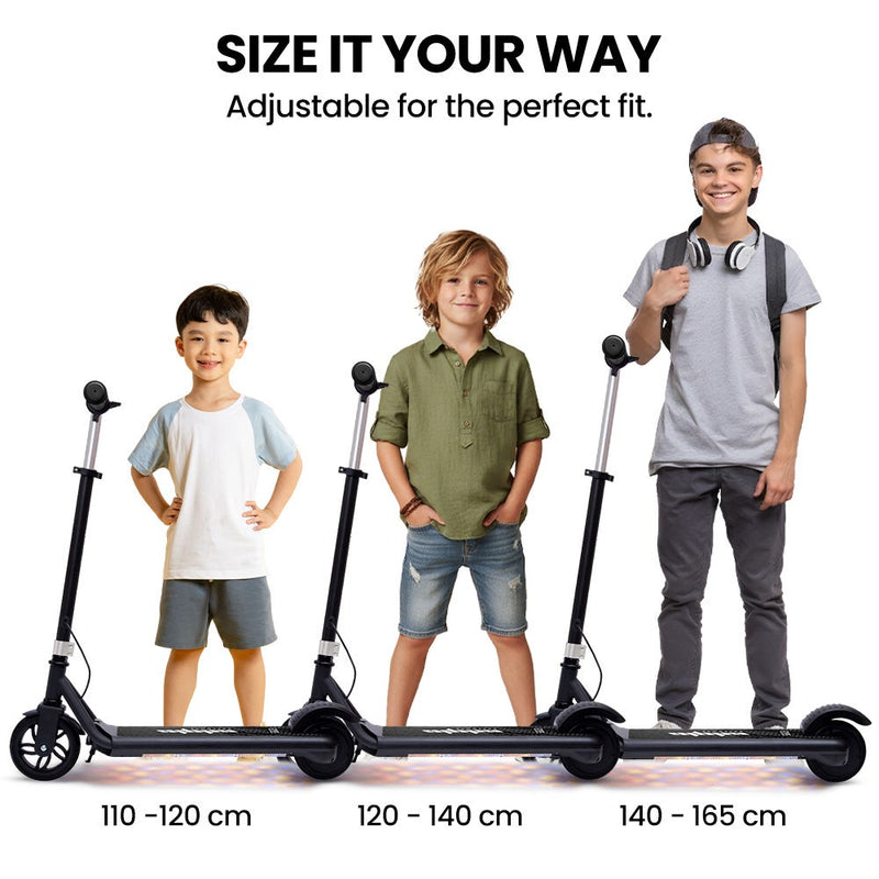 ALPHA Edge Electric Scooter Kids/Teens, 16km/h Max, Adjustable Height, UL Certified, AU Compliant, Dual Brakes, Bluetooth Music, LED, Black