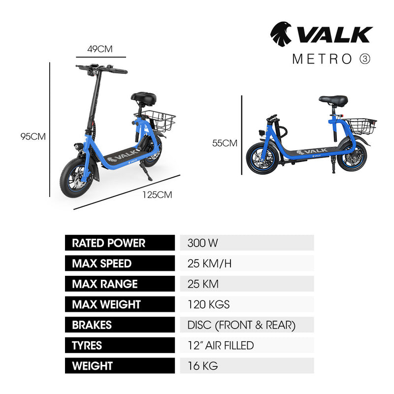 VALK Electric Scooter with Seat – Disc Brakes, 12" Tyres, Blue