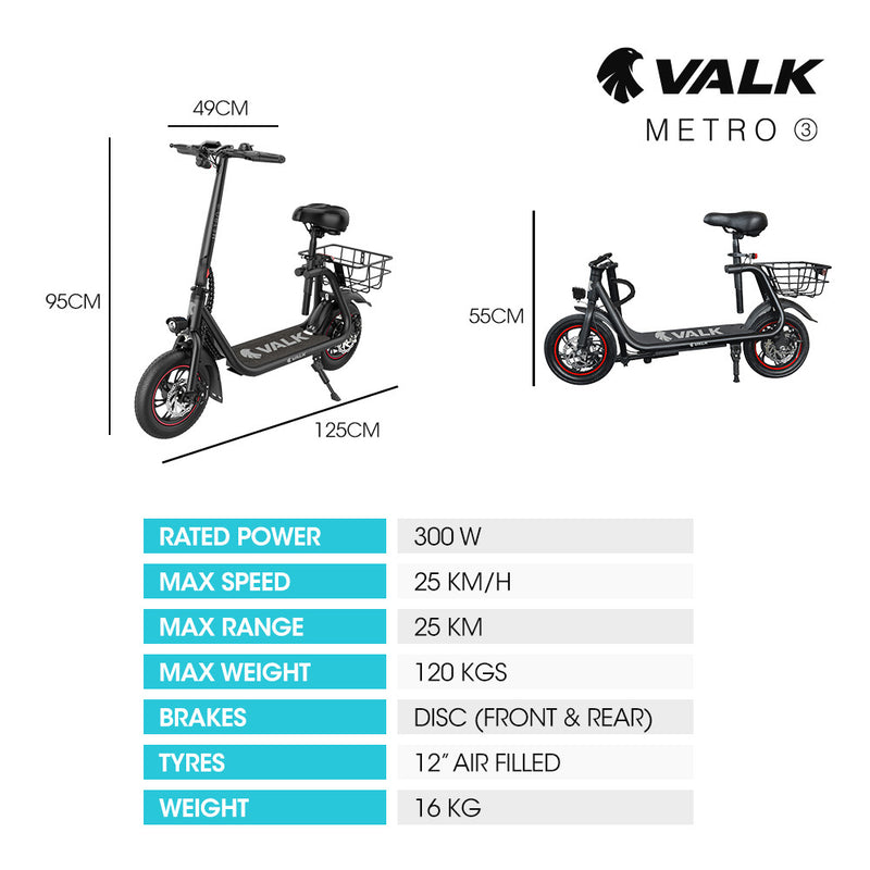 VALK Electric Scooter with Seat – Disc Brakes, 12" Tyres