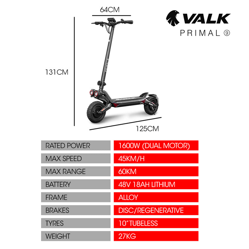VALK Primal 9 Dual Motor Electric Scooter – 1600W, Black