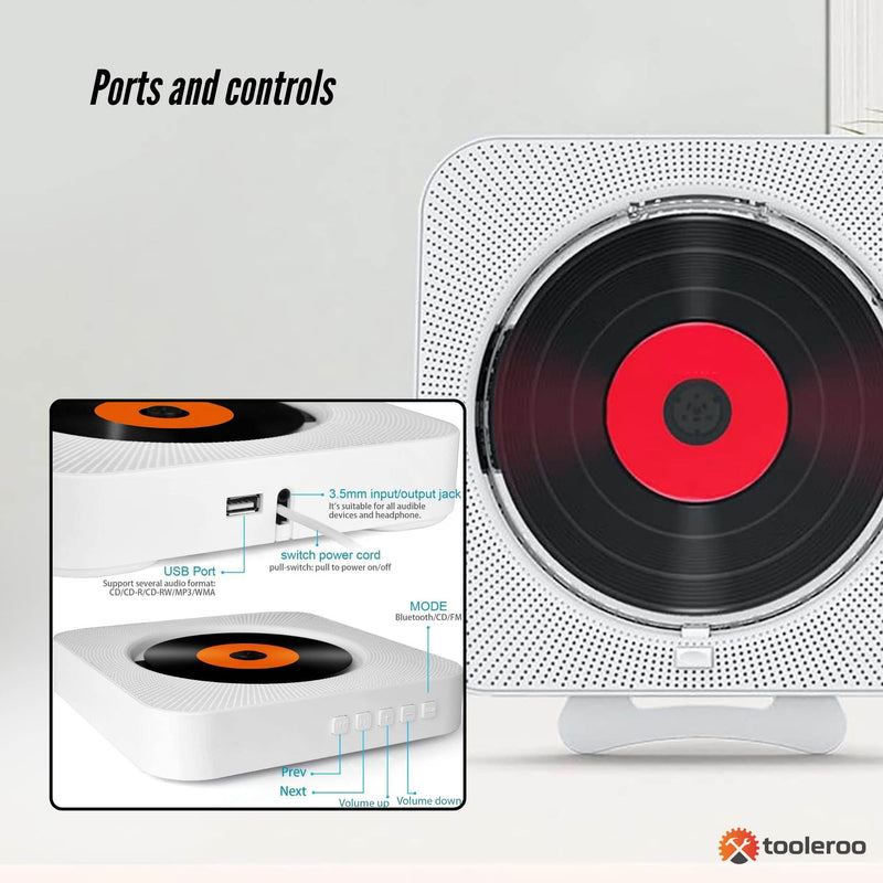 Tooleroo Wall-Mount CD Player Speaker – Bluetooth FM Radio (White)
