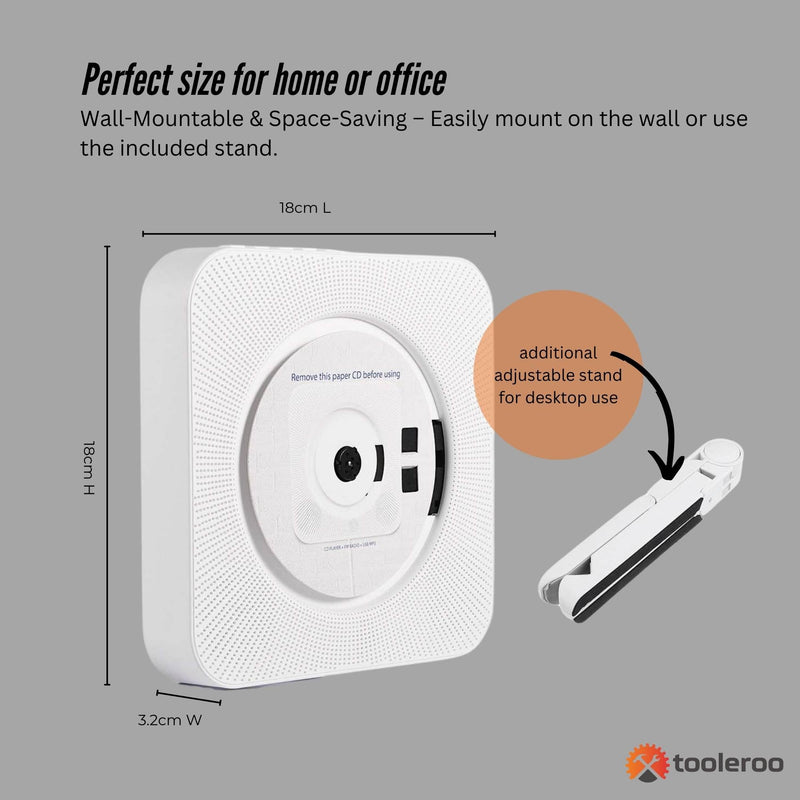 Tooleroo Wall-Mount CD Player Speaker – Bluetooth FM Radio (White)
