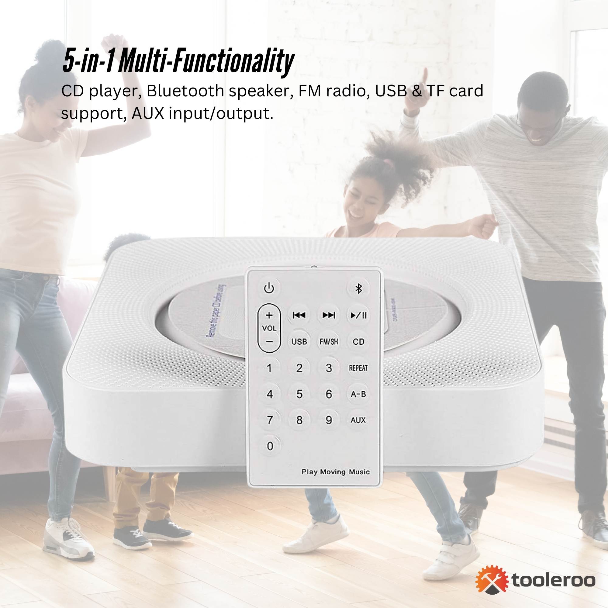 Tooleroo Wall-Mount CD Player Speaker – Bluetooth FM Radio (White)