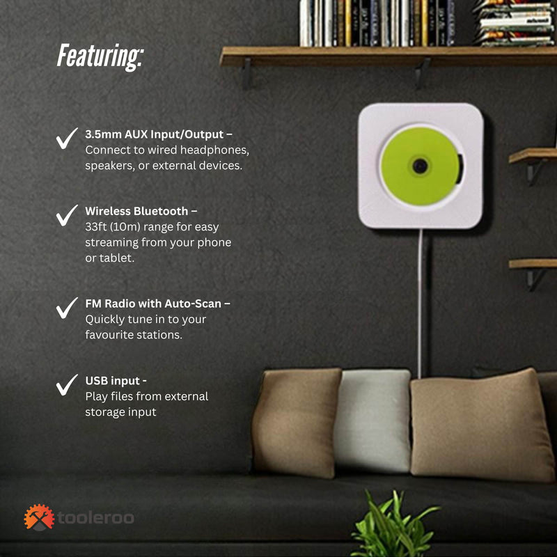 Tooleroo Wall-Mount CD Player Speaker – Bluetooth FM Radio (White)