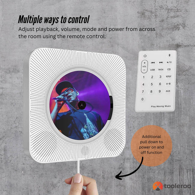 Tooleroo Wall-Mount CD Player Speaker – Bluetooth FM Radio (White)