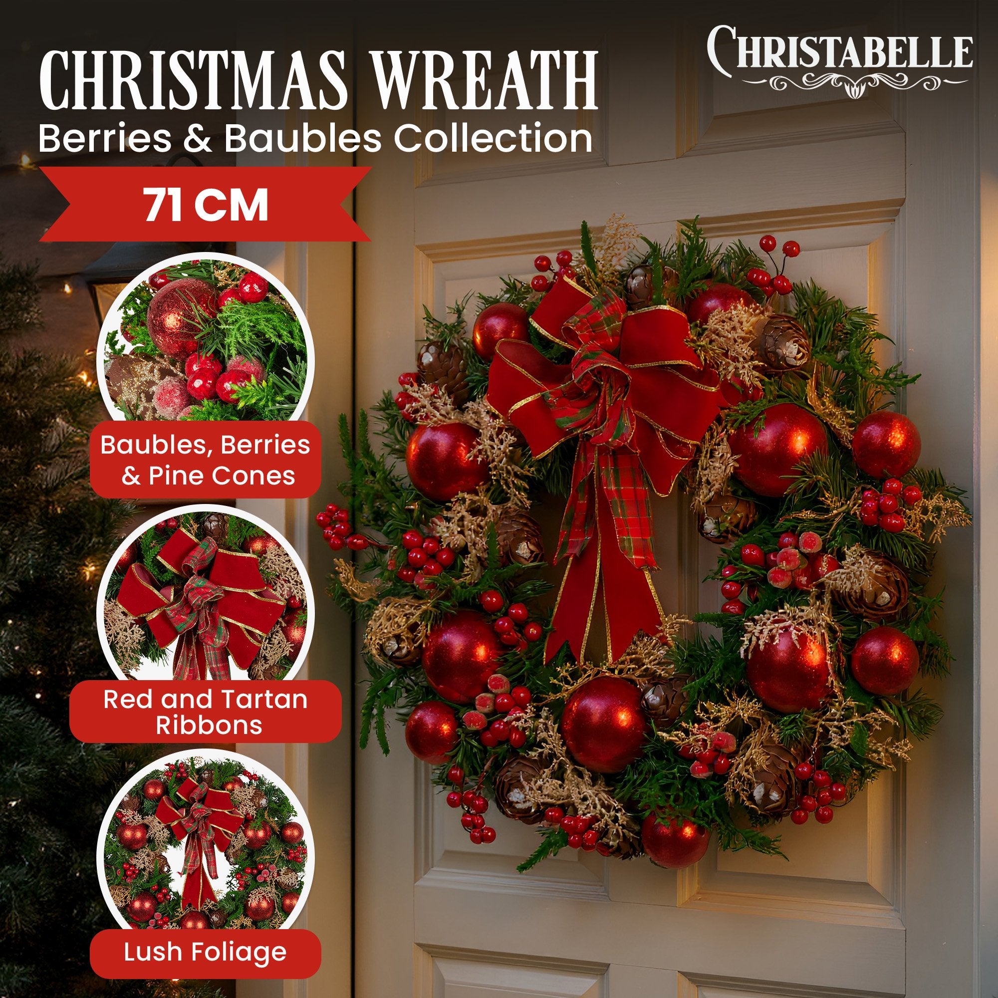 Christabelle 71cm Red Christmas Wreath with Baubles, Berries & Pine Cones