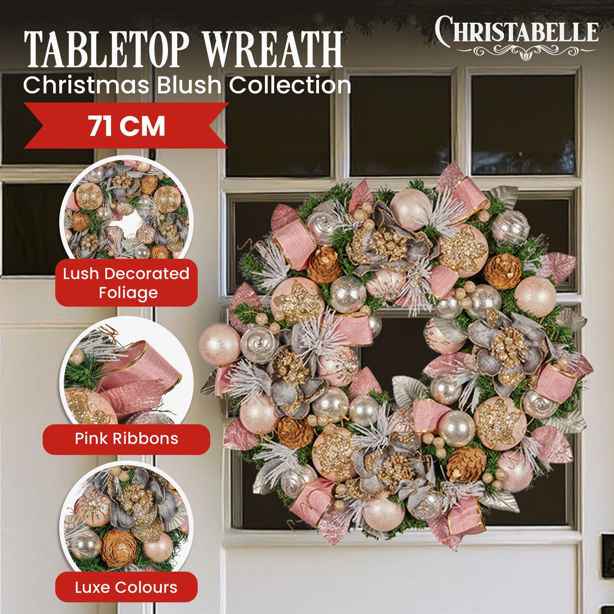 Christabelle 71cm Pink Christmas Wreath with Jewelled Baubles & Pine Cones