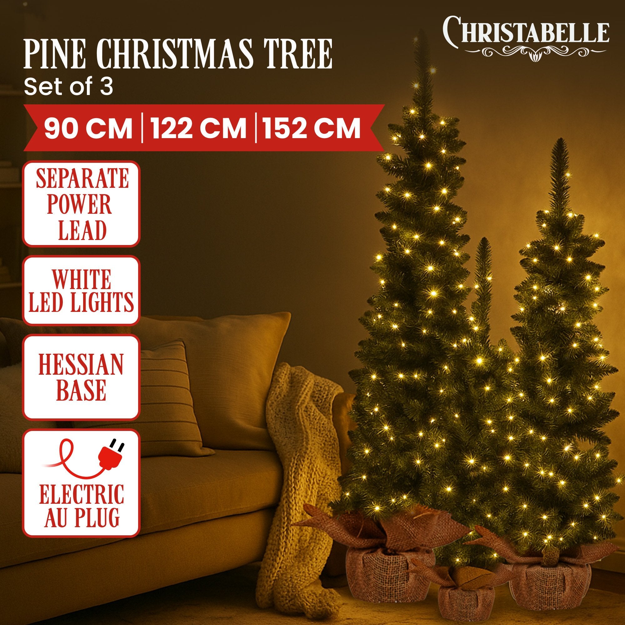 Christabelle Set of 3 Pre-Lit Christmas Trees with LED Lights & Hessian Base