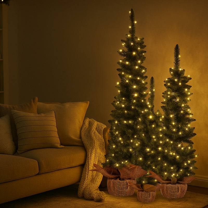 Christabelle Set of 3 Pre-Lit Christmas Trees with LED Lights & Hessian Base